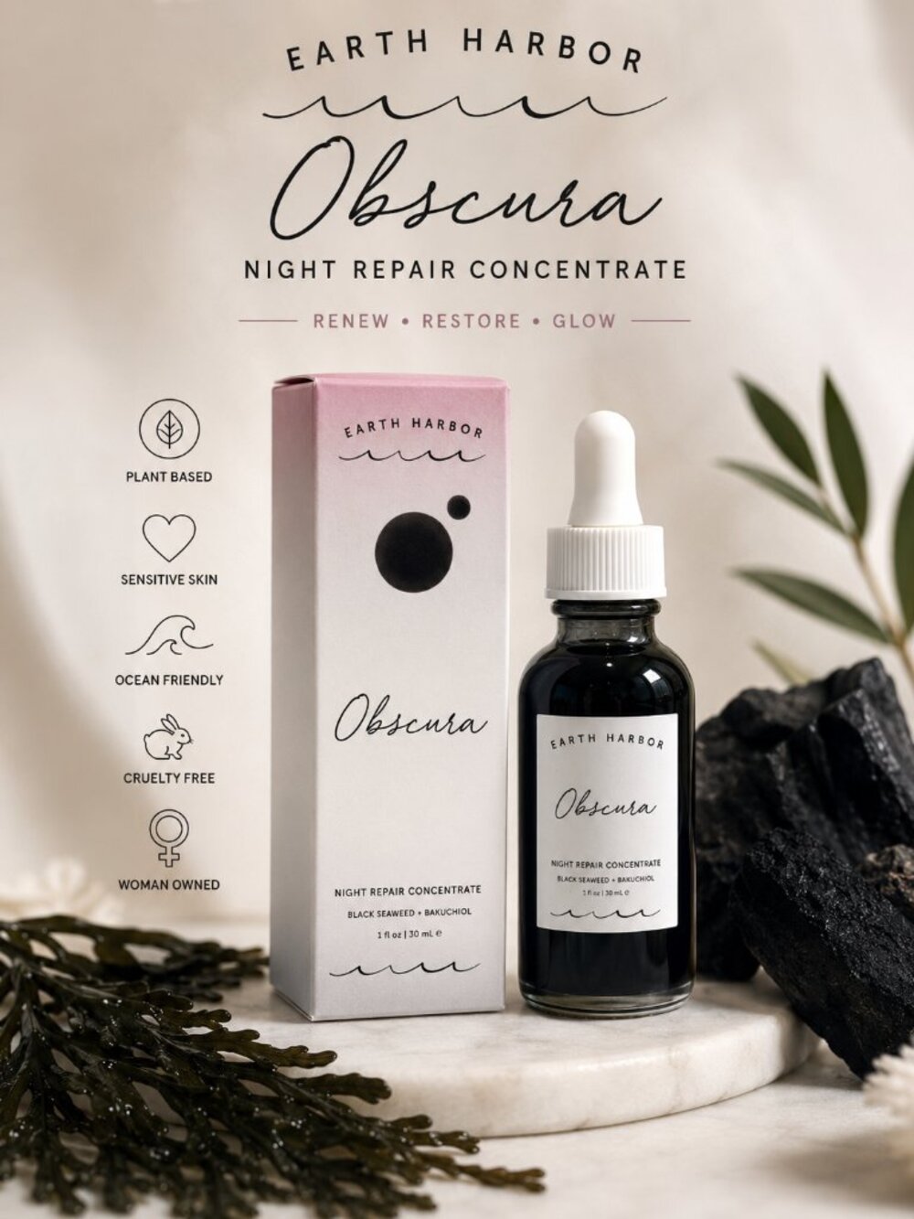 Earth Harbor Obscura Night Repair Concentrate 1 oz Bakuchiol Black Seaweed Serum